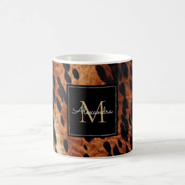 Black Cream Brown Cowhide Gold Monogram  Coffee Mug (Center)