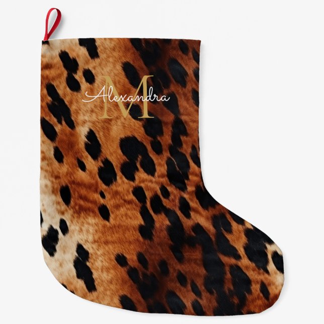 Black Cream Brown Cowhide Gold Monogram  Large Christmas Stocking (Front)