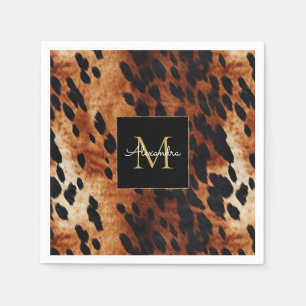 Black Cream Brown Cowhide Gold Monogram  Napkin
