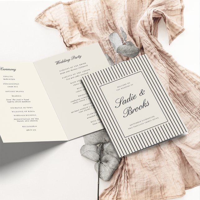 Black & Cream Classic Script Pinstripe Wedding Programme (Creator Uploaded)