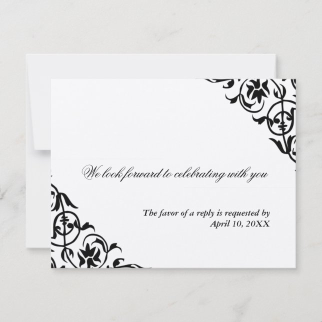 Black cream corner scroll enclosure wedding RSVP Card (Front)