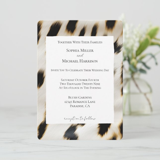 Black Cream Cow Animal print Wedding Invitation (Standing Front)