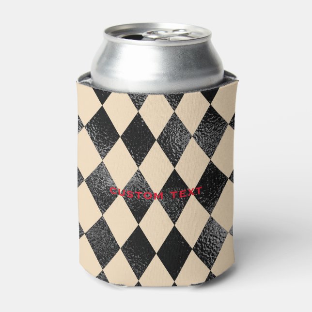 Black & Cream Diamond Pattern Whimsical Can Cooler (Can Front)