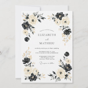 Black Cream Dramatic Botanical Wedding Invitation