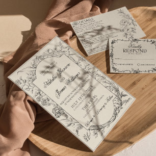 Black Cream Floral Boho Botanical Modern Wedding Invitation