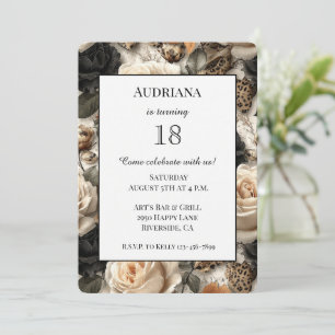 Black Cream Flowers Leopard Abstract Birthday Invitation