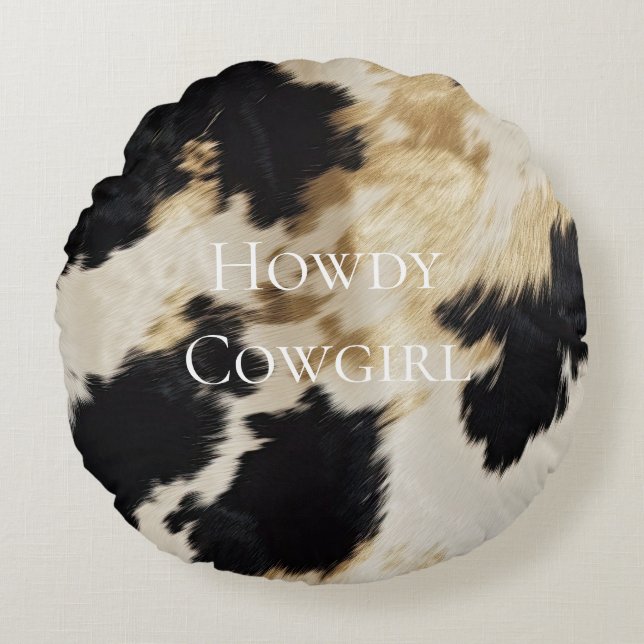 Black Cream Gold Western Cowhide Round Cushion (Front)