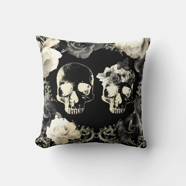 Black Cream Grey Skeleton Skull Gothic Glam Cushion (Front)