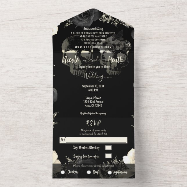 Black Cream Grey Skeleton Skull Gothic Wedding    All In One Invitation (Inside)
