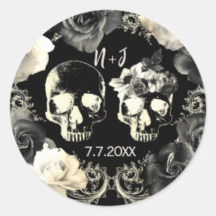 Black Cream Grey Skeleton Skull Gothic Wedding    Classic Round Sticker