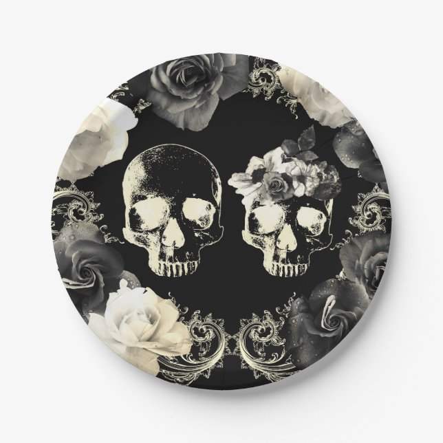Black Cream Grey Skeleton Skull Gothic Wedding    Paper Plate (Front)