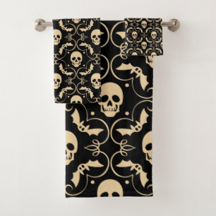 Black & Cream Halloween Skulls & Bats Bath Towel Set