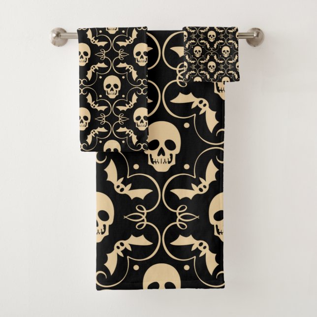 Black & Cream Halloween Skulls & Bats Bath Towel Set (Insitu)