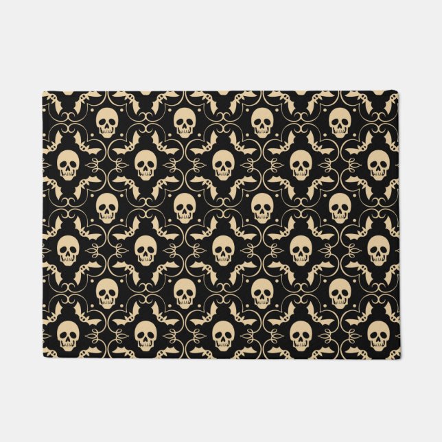 Black & Cream Halloween Skulls & Bats Doormat (Front)