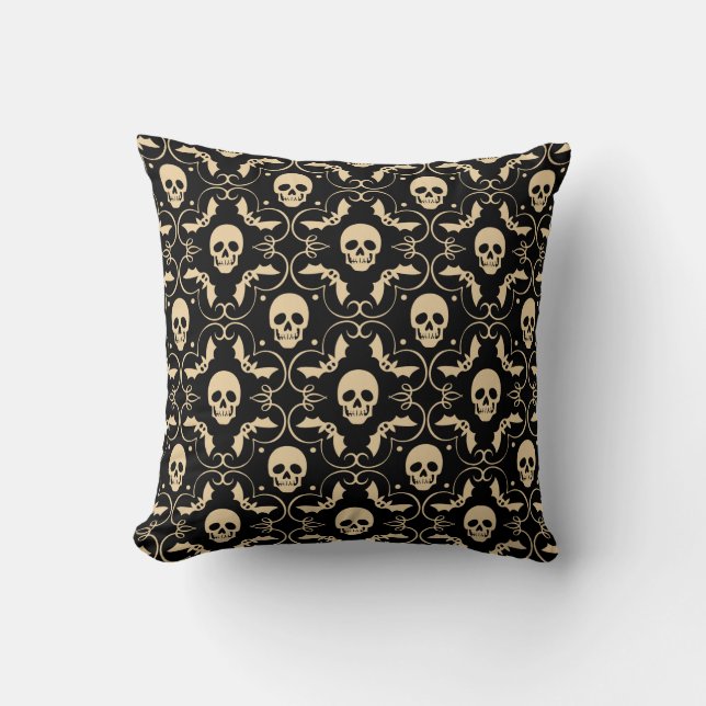 Black & Cream Halloween Skulls & Bats Party Cushion (Front)