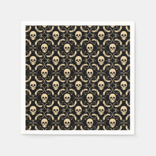 Black & Cream Halloween Skulls & Bats Party Napkin