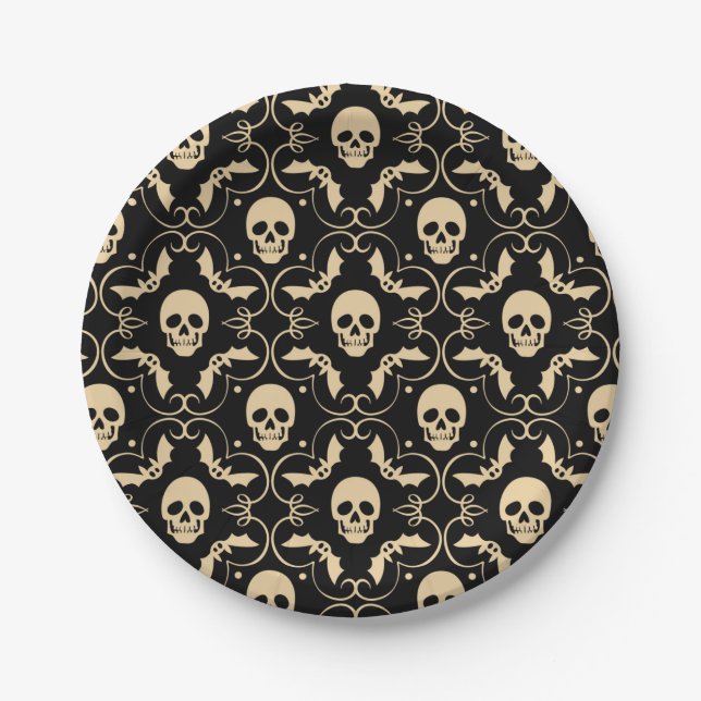 Black & Cream Halloween Skulls & Bats Party Paper Plate (Front)