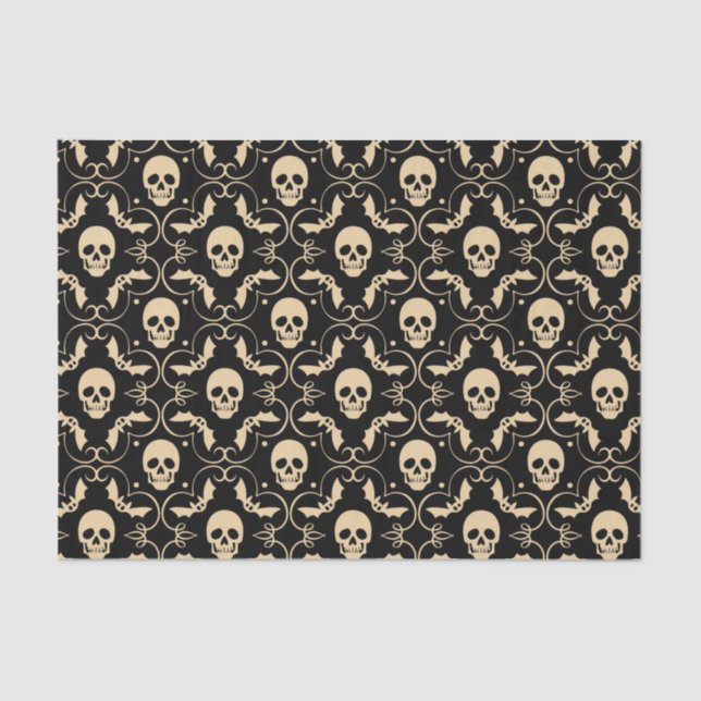 Black & Cream Halloween Skulls & Bats Party Tissue Paper (Front)