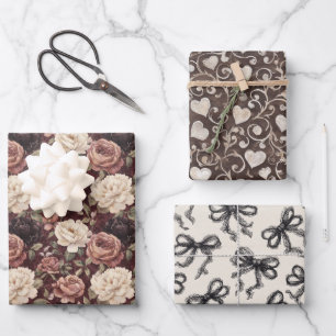 Black Cream Hearts Flowers Bows Birthday Wrapping Paper Sheet