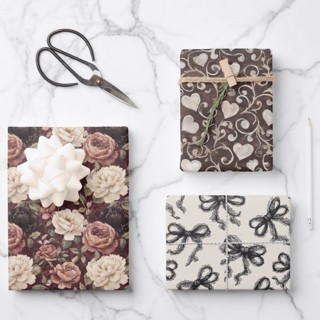 Black Cream Hearts Flowers Bows Birthday Wrapping Paper Sheet (Front)