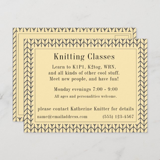 BLACK CREAM KNIT "Knitting Classes" Postcard  (Front/Back)