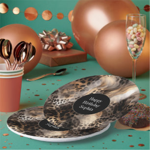 Black Cream Leopard Animal Birthday Paper Plate