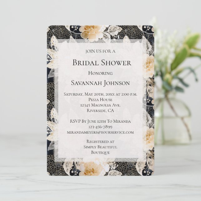 Black Cream Leopard Animal Floral Bridal Shower Invitation (Standing Front)