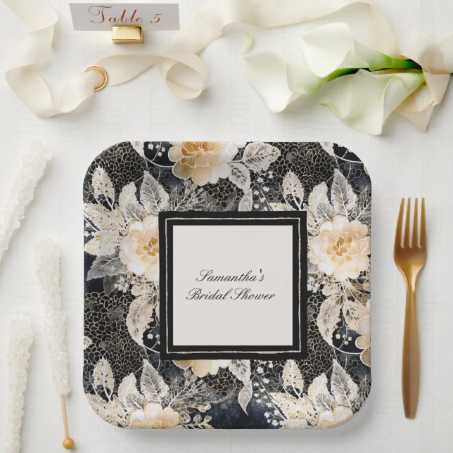 Black Cream Leopard Animal Floral Bridal Shower Paper Plate (Wedding)