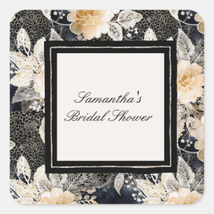 Black Cream Leopard Animal Floral Bridal Shower Square Sticker
