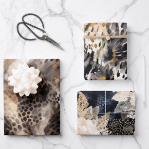 Black Cream Leopard Animal Floral Bridal Shower Wrapping Paper Sheet