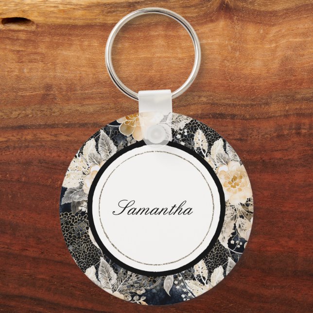 Black Cream Leopard Animal Floral   Key Ring (Front)