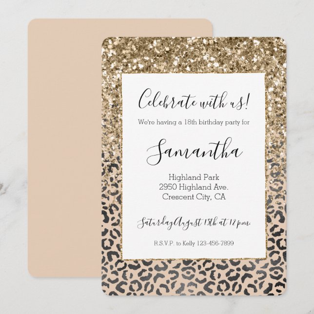 Black Cream Leopard Gold Glitter Invitation (Front/Back)