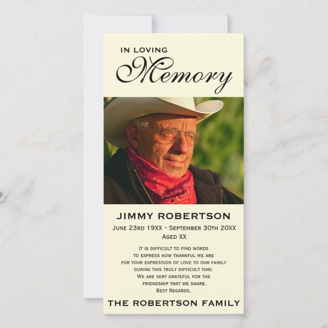 Black & Cream Memorial Family Acknowledgement Thank You Card (Front)