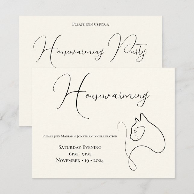 Black & Cream Minimalist Cat Lover Housewarming Invitation (Front/Back)