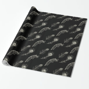 Black Cream Peacock Feathers Birthday Wrapping Paper