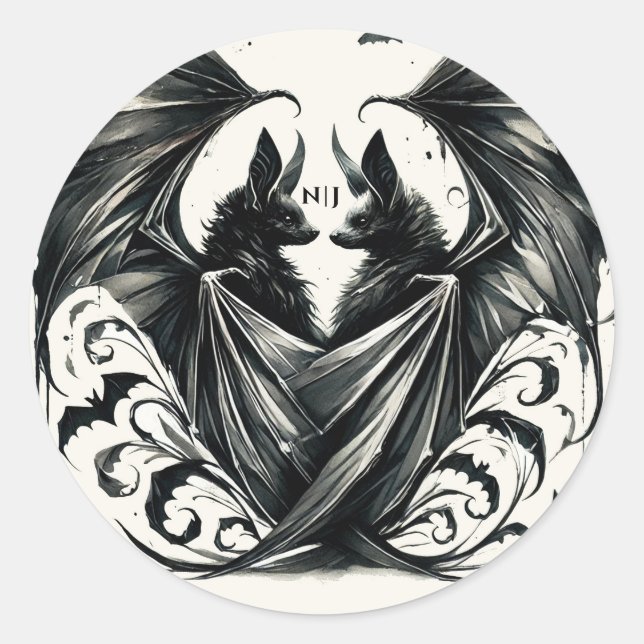 Black Cream Silver Gothic Love Bats Wedding Classic Round Sticker (Front)