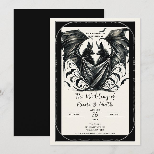 Black Cream Silver Gothic Love Bats Wedding Invitation (Front/Back)