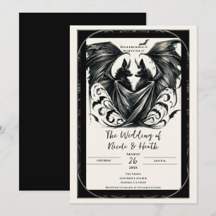 Black Cream Silver Gothic Love Bats Wedding Invitation