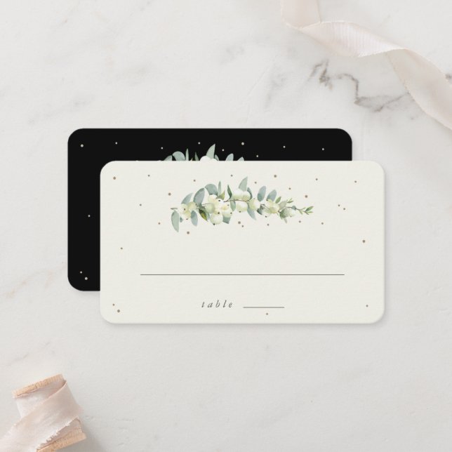 Black/Cream Snowberry + Eucalyptus Wedding Flat Place Card (Front/Back In Situ)