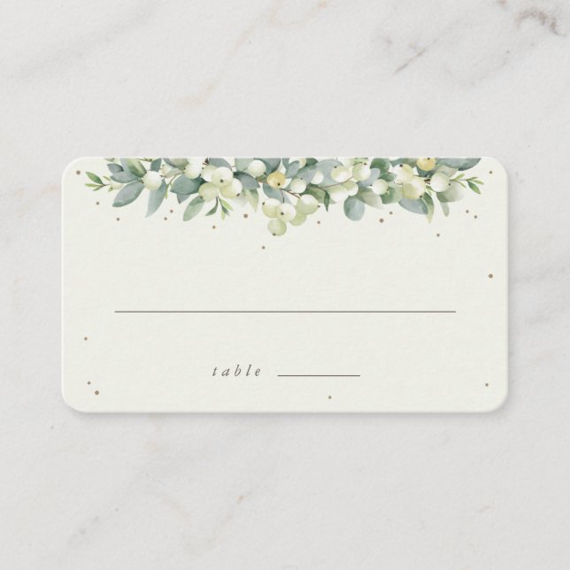 Black/Cream Snowberry + Eucalyptus Wedding Flat Place Card (Front)