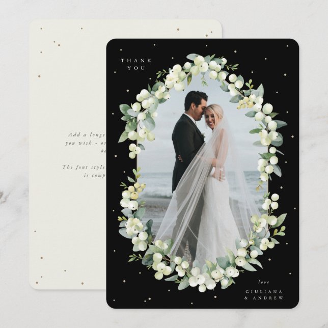 Black/Cream Snowberry+Eucalyptus Wedding Photo Thank You Card (Front/Back)