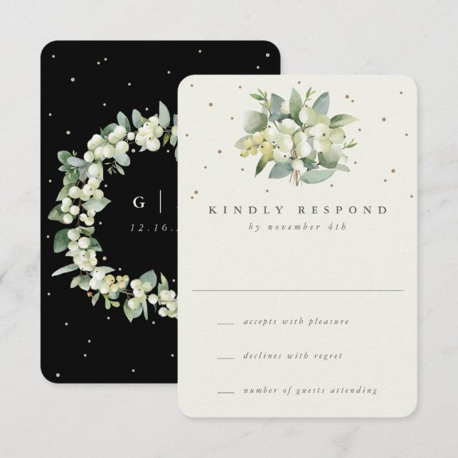 Black/Cream Snowberry+Eucalyptus Wedding RSVP Card (Front/Back)