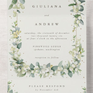 Black/Cream Snowberry+Eucalyptus Winter Wedding All In One Invitation