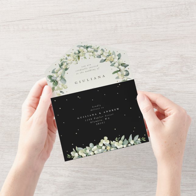 Black/Cream Snowberry+Eucalyptus Winter Wedding All In One Invitation (Opening)