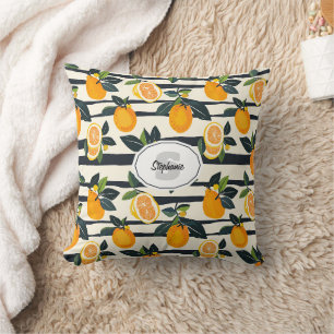Black Cream Striped Citrus Fruit Botanical Cushion