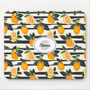 Black Cream Striped Citrus Fruit Botanical Mouse Mat