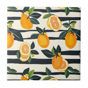 Black Cream Striped Citrus Fruit Botanical Tile