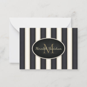 Black & Cream Stripes Bronze Monogram Custom Card