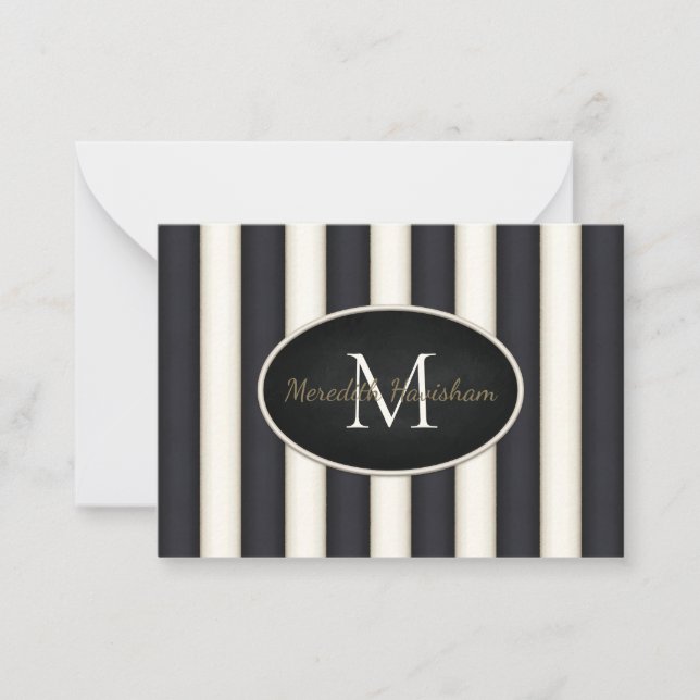 Black & Cream Stripes Oval Framed Monogram Custom Card (Front)