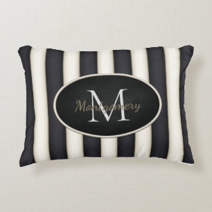 Black & Cream Stripes Oval Framed Monogram Decorative Cushion